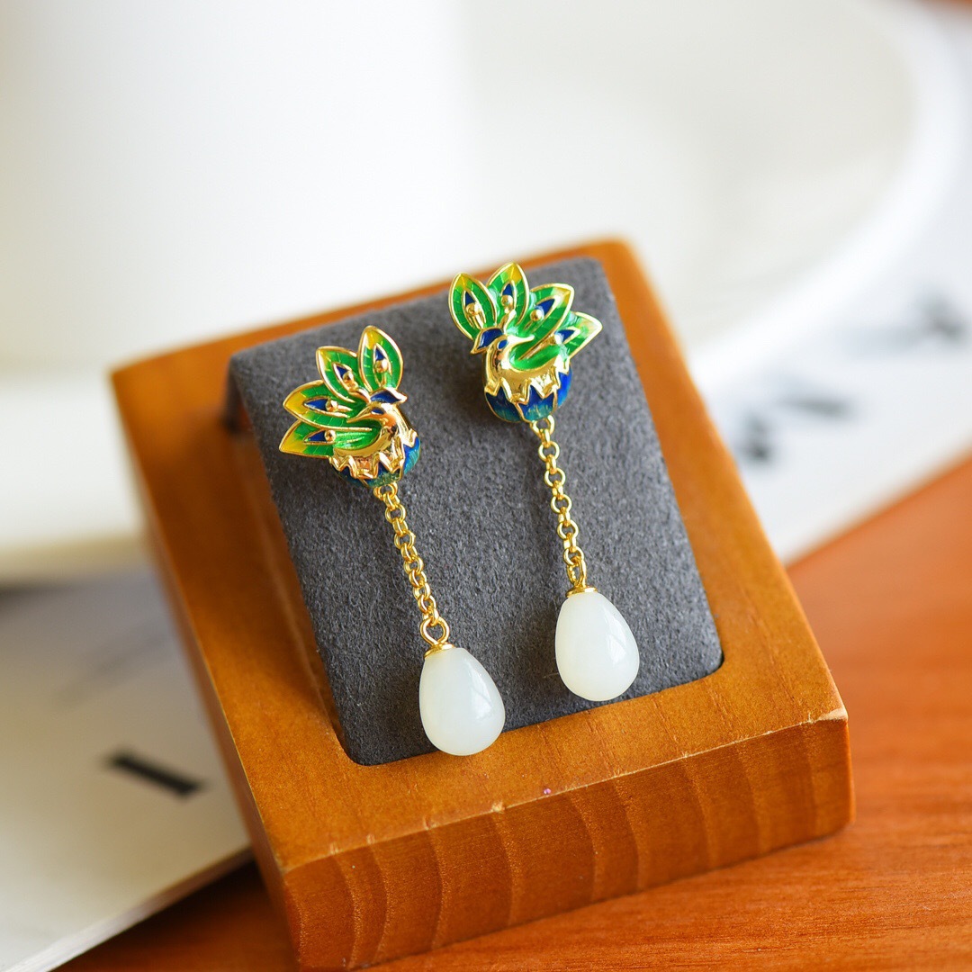 Nephrite  s925 Sterling Silver court Vintage Style Peacock Earrings Earrings Hanfu Earrings White jade rough  Enamel Ear Studs