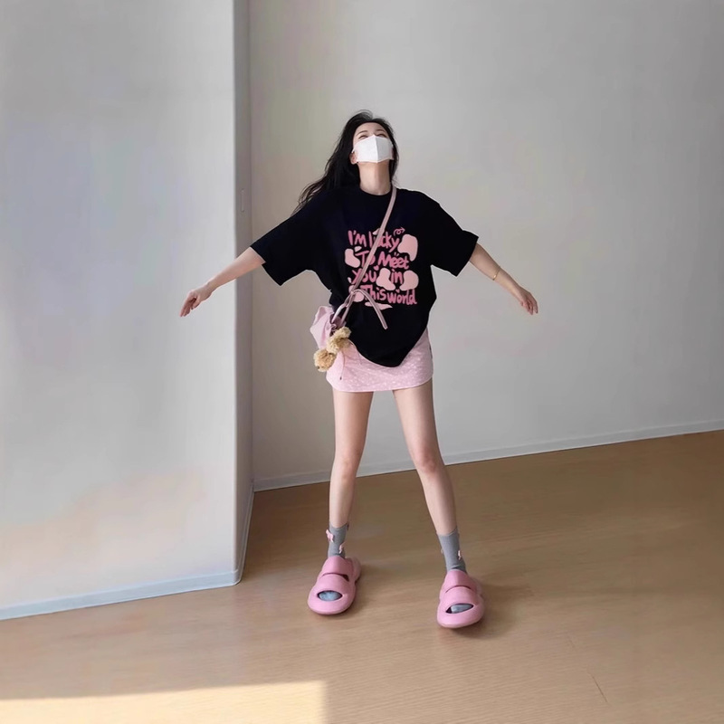 chubby girl Women's Western Style Black Pink Extras Size Short-sleeved T-shirt Women's Top 2025 New Summer Loose Half-sleeved T-shirt