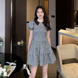 跨境货源2024夏季新款韩版时尚娃娃领短袖黑白格子蓬蓬短款连衣裙
