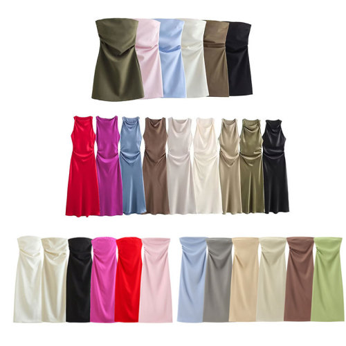 Spring European and American Fashion Midi Dress with Round Neck, Sleeveless, Black Satin Texture Long Dress