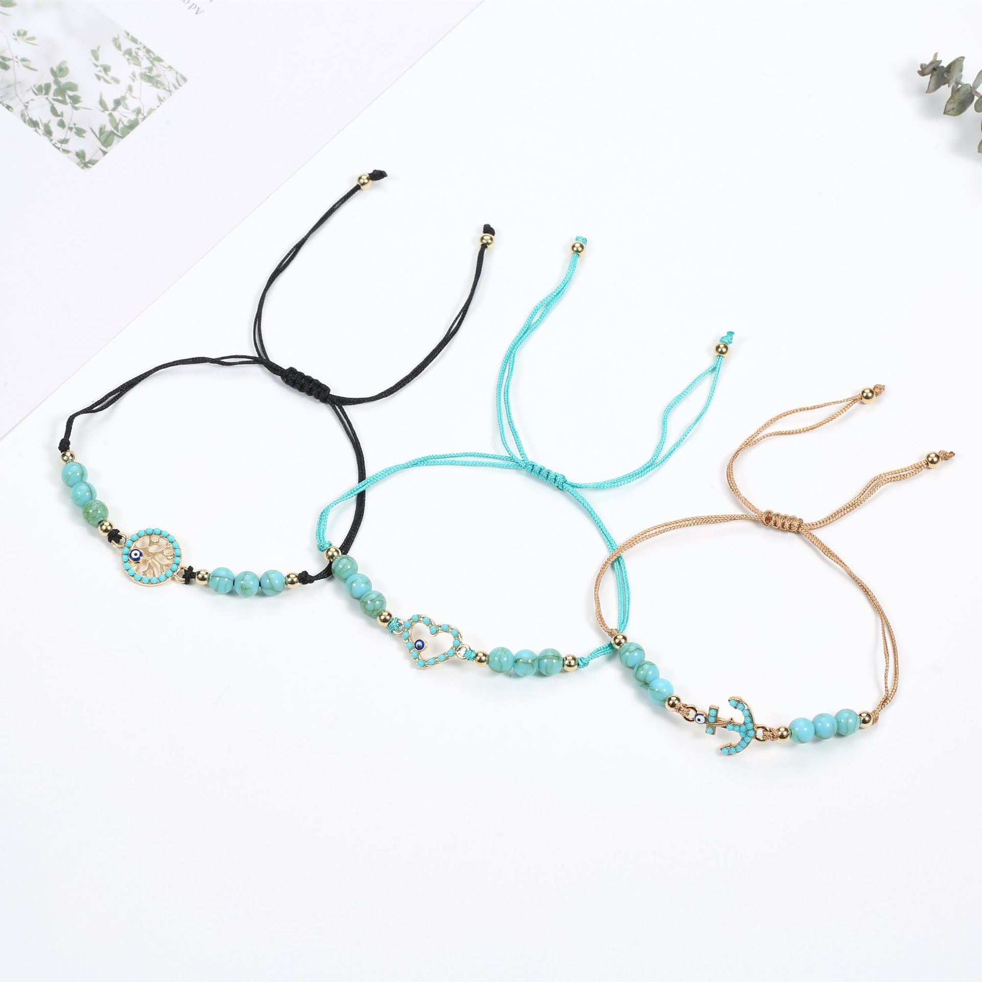 1 Set Quantity Bohemian Devil's Eye Heart Shape Owl Alloy Turquoise Rope Knitting Unisex Bracelets