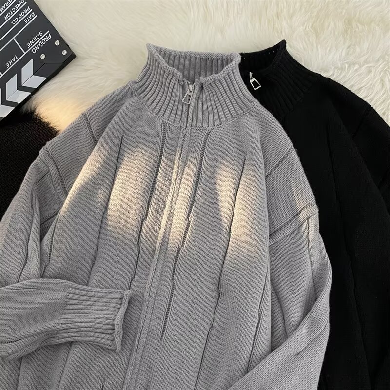 Lazy Style Cardigan Sweater Men's Spring and Autumn New Lazy Design Sense Vertical Collar Knitted Sweater Hanged Japanese Zipper Jacket