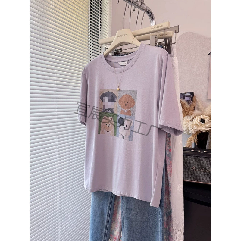 Свободная повседневная хлопковая футболка с короткими рукавами для женщин, молодежная и уменьшающая возраст, милый принт щенка, бело-фиолетовый топ-футболка, тонкий