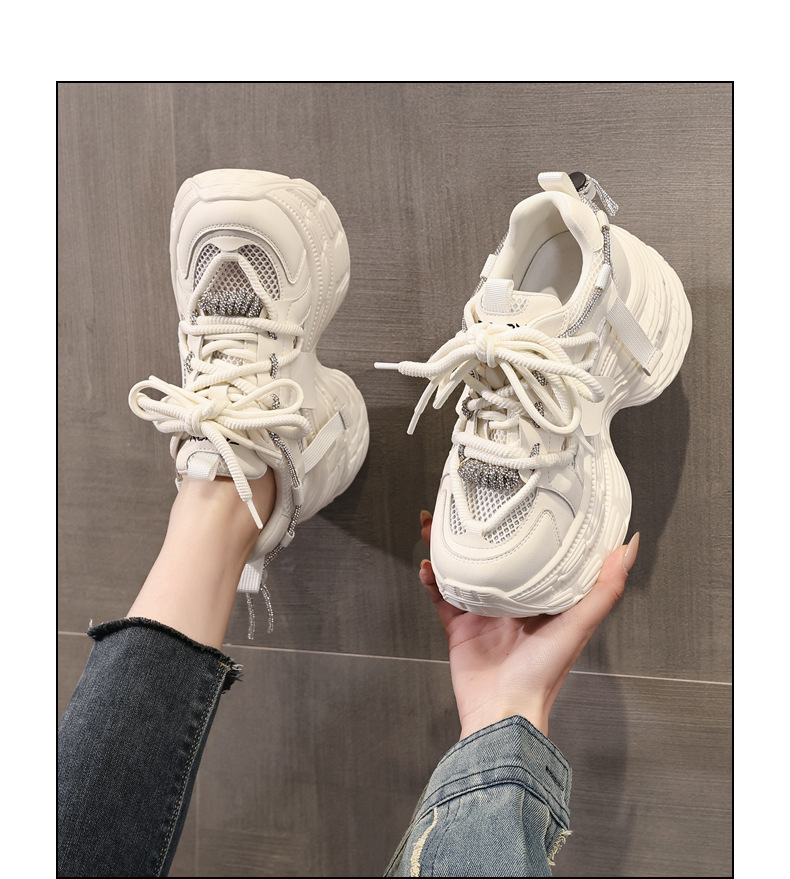 Giày sneaker nữ đế dày chunky mặt lưới thoáng khí, tăng chiều cao bên trong, đính đá rhinestone thời trang — Màu be chi tiết 14