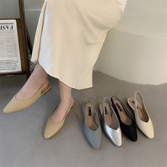 包頭涼鞋女鞋子2024年春夏新款粗跟圓頭一腳蹬法式配裙子涼單鞋
