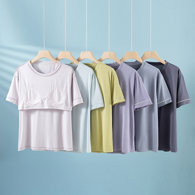 Summer Padded Women's Round Neck Pullover Short-Sleeved One-Piece Top Pajamas Simple and Comfortable Bra Home Wear Top