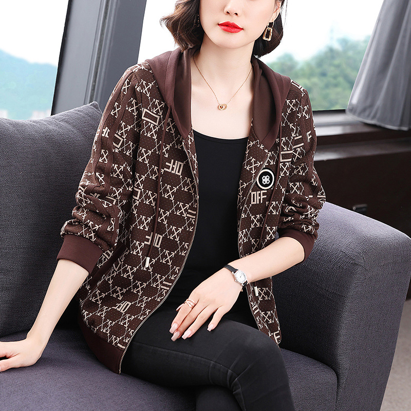 Women's Clothing Hooded jacket for women Spring and Autumn new large size loose stylish printed middle aged mother thickened short top_voghion.com
