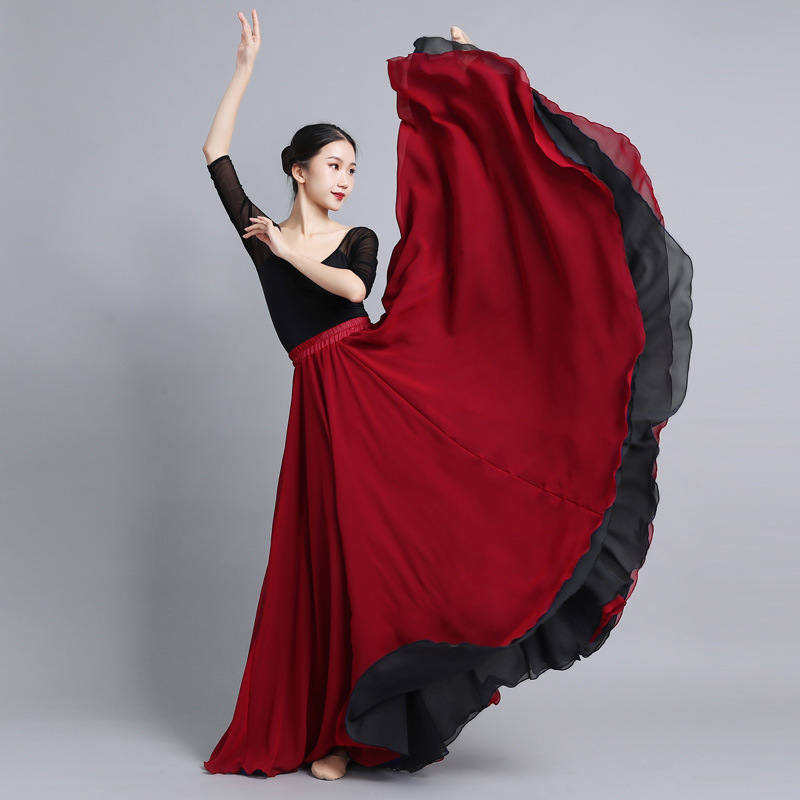 720-degree performance big skirt two-color two-sided chiffon dress long skirt Uygur Xinjiang square dance dancing skirt