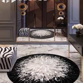 黑白圆形客厅牛皮地毯钢琴毯卧室马毛轻奢床边餐桌转椅圆毯感