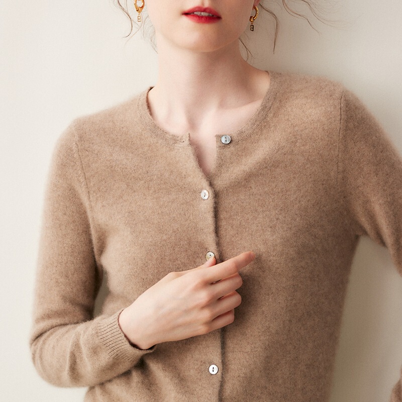 New Solid Color Plain Cashmere Base Cardigan for Women, Round Neck, Korean Style, Long Sleeve, Elegant, Loose, Simple Sweater Jacket