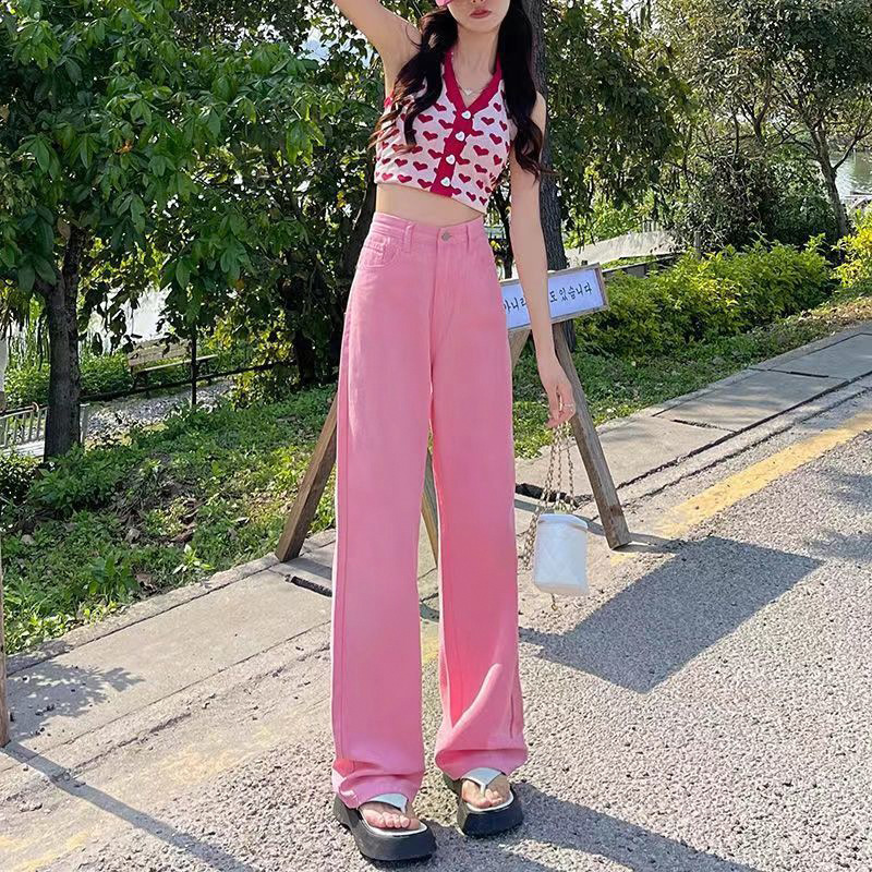 Pink Casual Jeans Women's Summer Loose Niche High Waist Straight Slim Look Small Wide Leg Trousers