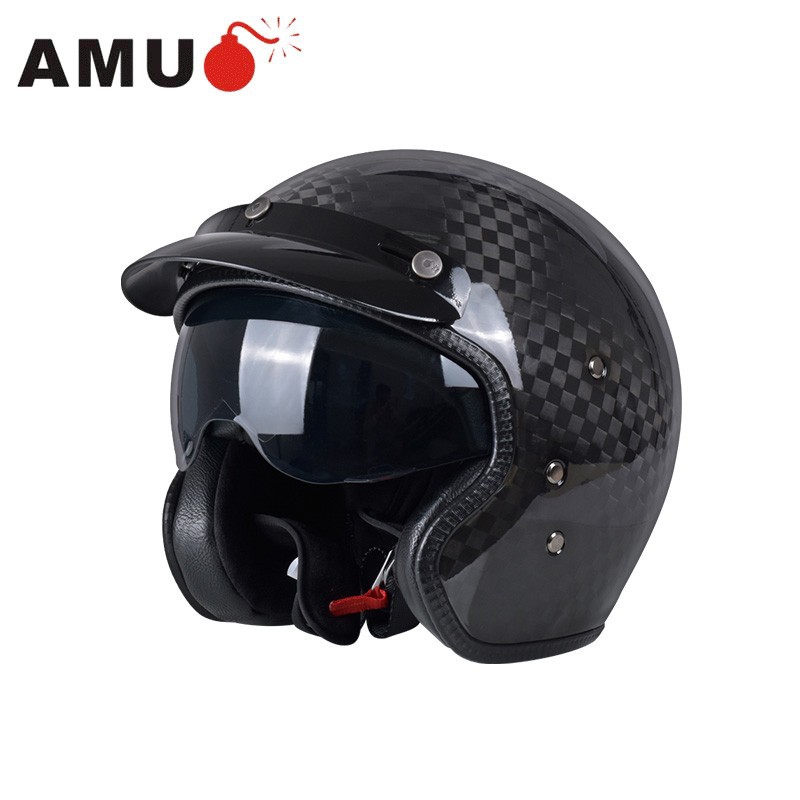 AMU复古机车头盔男女冬季半覆式玻璃钢机车安全帽四季电动车半盔