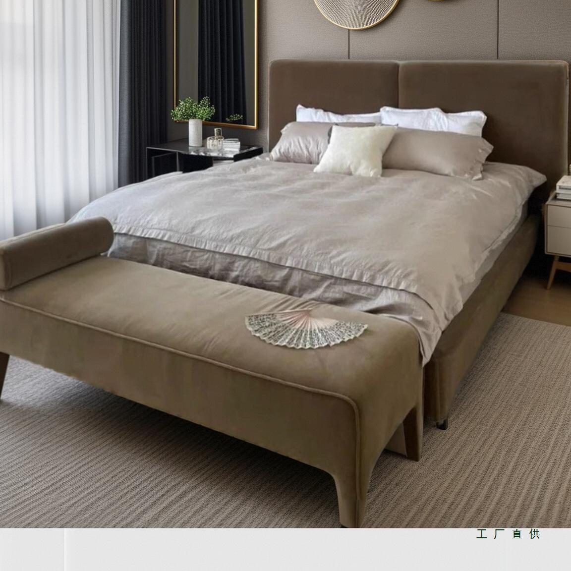 北欧法式复古奶咖色布艺床主卧双人婚床样板房1.8米焦糖色软包床