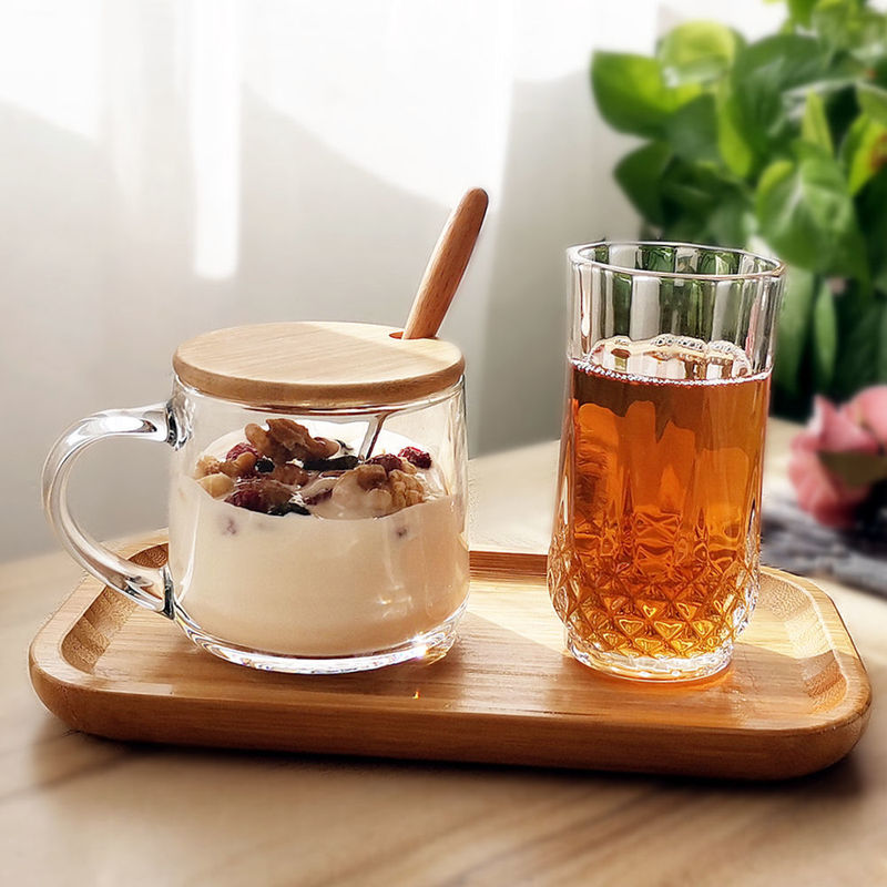 Glass Cup with Lid and Spoon, Flower Tea Cup, Breakfast Cup, Milk Cup, Household Coffee Cup, Tray Set, Simple Design