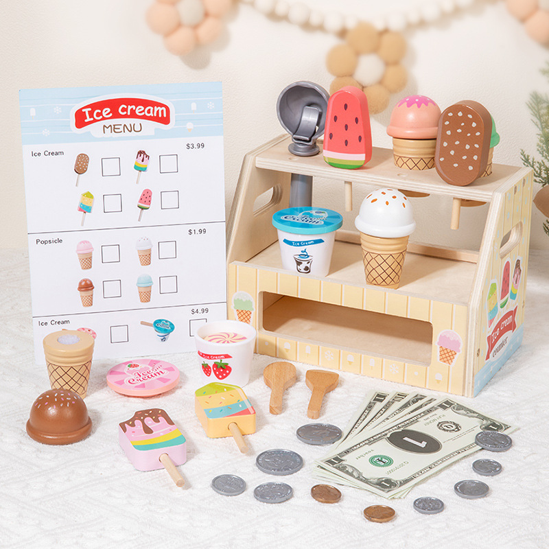 Children's Wooden Simulation Play House Ice Cream Small Ice Cream Machine Canteen Baby Role Play Kitchen Toy