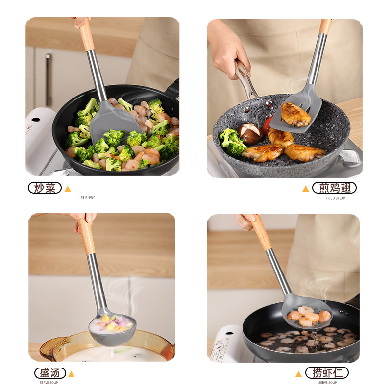 Cuatro piezas de acero inoxidable madera de haya panela antiadherente panela especial resistente a altas temperaturas cocina panela