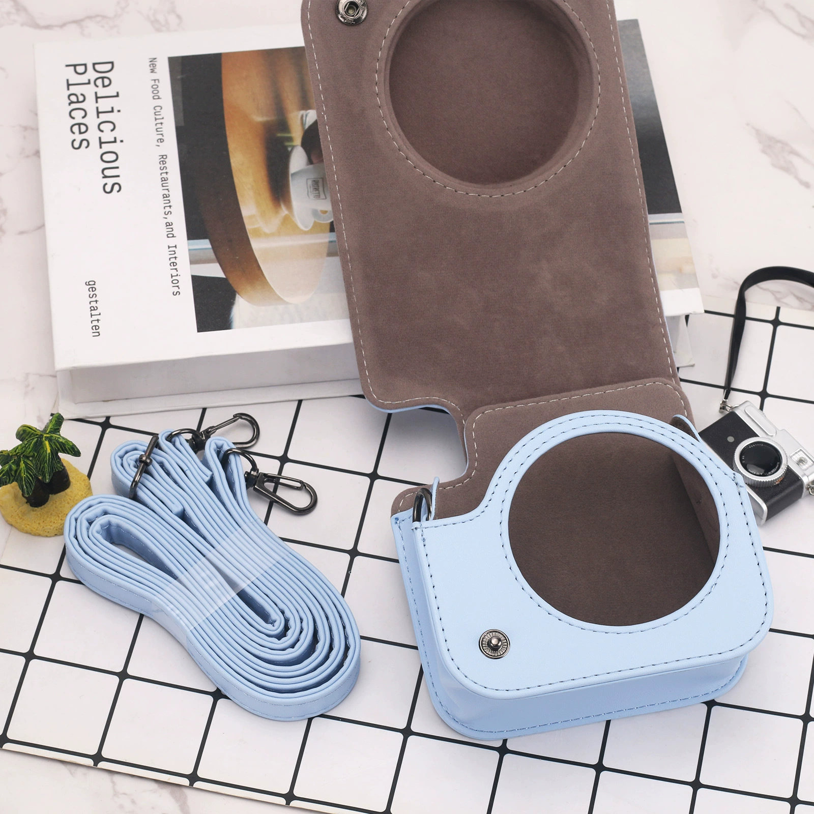 Camera Bag (Fuji mini12) PU Leather Solid-Color Case, Magnetic Buckle & Adjustable Strap