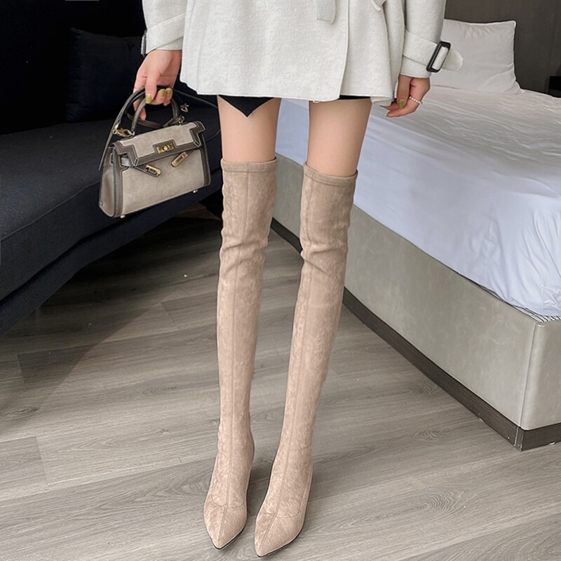 Women's long boots, elastic long boots, pointed-toe high-heeled boots, women's over-the-knee boots, suede high boots, khaki color