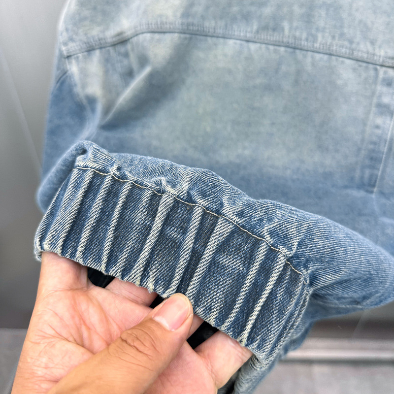 Herrenbekleidung neue Lederlabel-Jeansjacke Mode gewaschene Herren-Lockerjacke Reversmantel Trend_voghion.com
