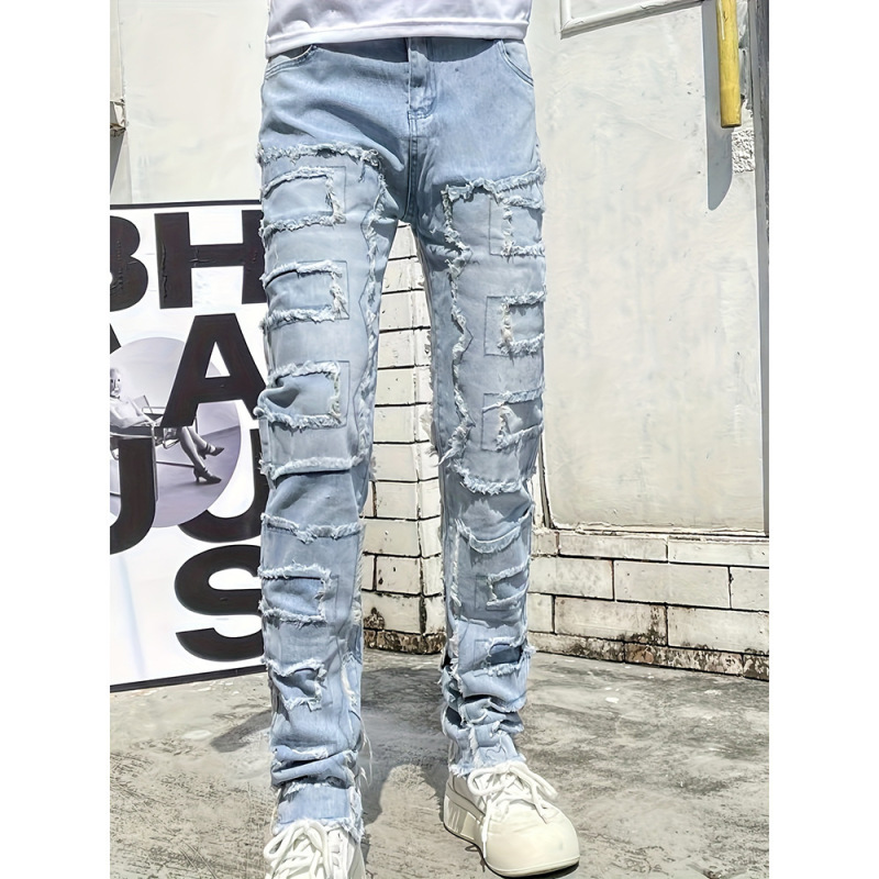 Cross-Border Foreign Trade Light Blue Fashion Jeans 2026 New Style European and American Elastic Patch Layered Straight-Leg Pants
