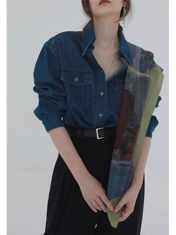哥家商场同款女装2025秋季法式复古牛仔衬衫外套百搭长袖衬衣|undefined