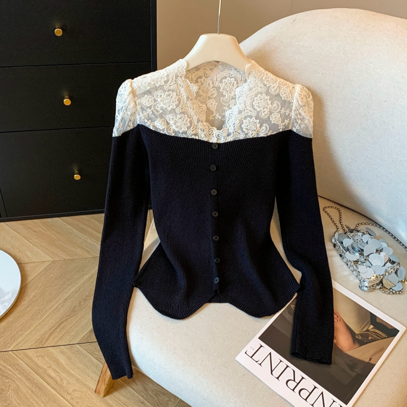 French V Neck Lace Splicing Knitted Cardigan Top for Women 2025 Winter New Versatile Slimming Look Bottoming Shirt Sweater