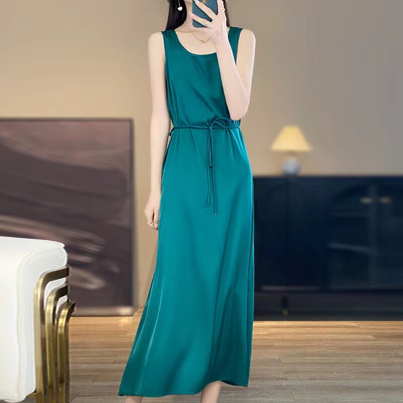 Summer New Acetic Acid Satin Sleeveless U-Neck Dress Women's Belt Viscose Skirt Long Skirt Lace Down Base Skirt