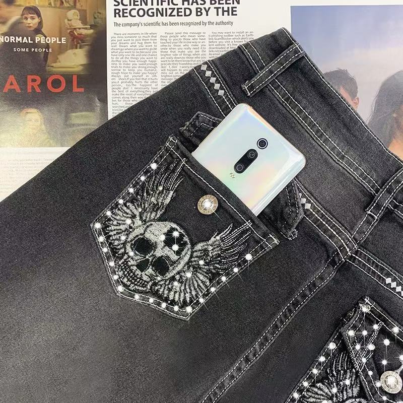 Women's Slim Straight Leg Denim Trousers Stretchy Smoky Gray Embroidery Rhinestones Detail Relaxed Everyday Wear Versatile Comfortable Feshion Trend_mkmklike.com