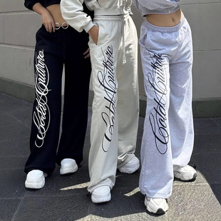 European and American Trendy Casual Pants with Personalized Graffiti Print Pattern, Stretchy High Street Dark Gothic Trousers
