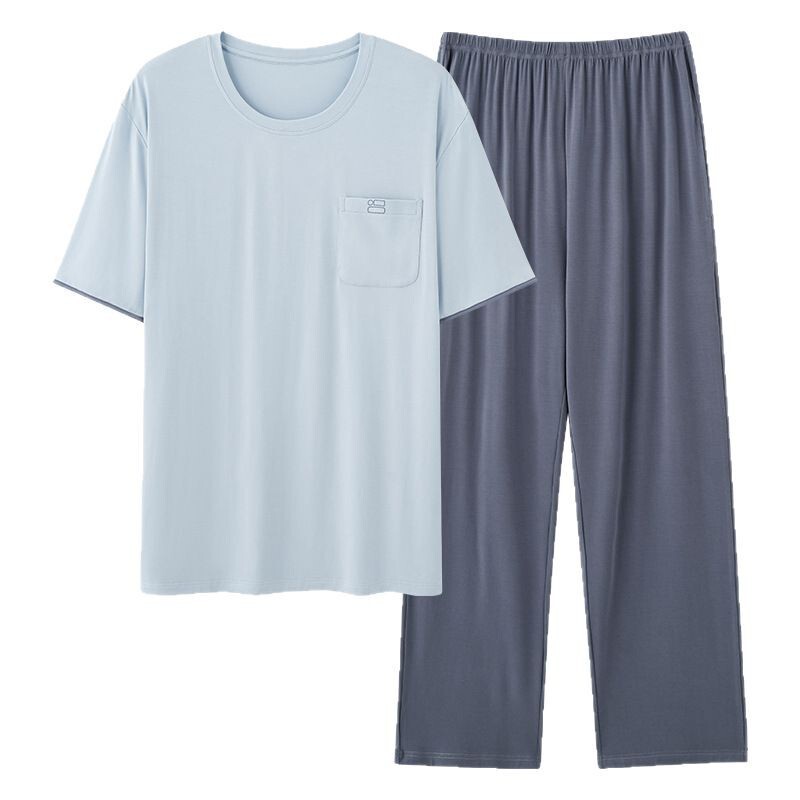 男性用パジャマ夏の新しいモーダル半袖ズボン 2 点セットティーンエイジャー薄型スタイルは家の服の外で着用できます大きいサイズ|undefined