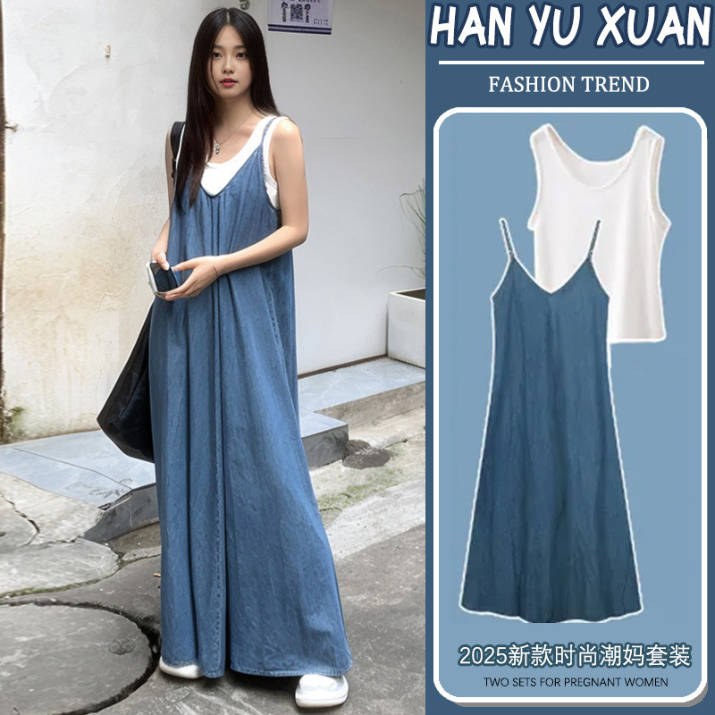 in stock Maternity Wear with suit Denim Sling dress 2025 Korean Style Lazy Vacation Summer Dress with Complete Set