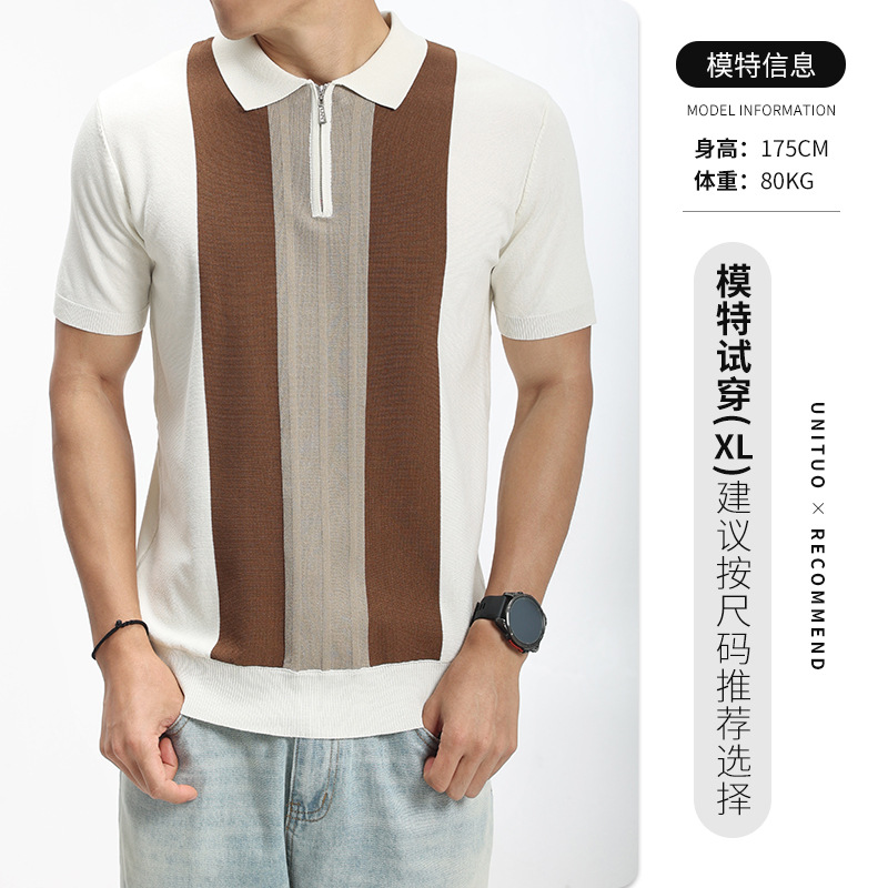 Europa y Estados Unidos transfronterizos hombre medio cremallera rayas polo camiseta de punto de verano con solapa de mangas cortas ropa de hombre de alta calidad casual hombre