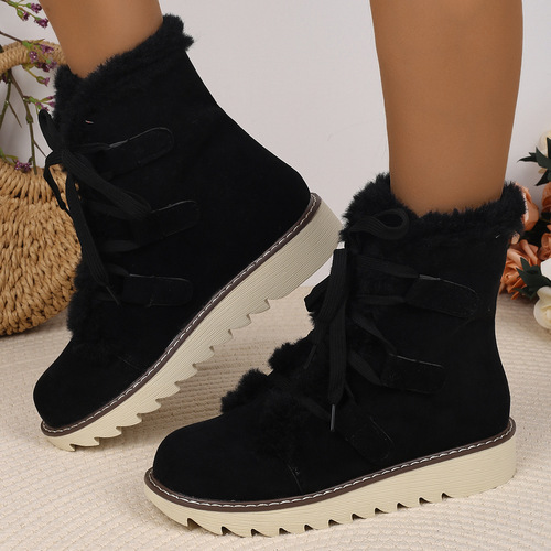 Large size snow boots for women in autumn and winter, European and American new style with velvet thick lace to keep warm, popular cotton boots for women