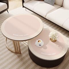 ラウンドクリームピンクのテーブルマット、ラウンドテーブル、シンプルなコーヒーテーブル、ダイニングテーブル、滑り止め、防水、耐油、洗濯不要のレザー、発送可能