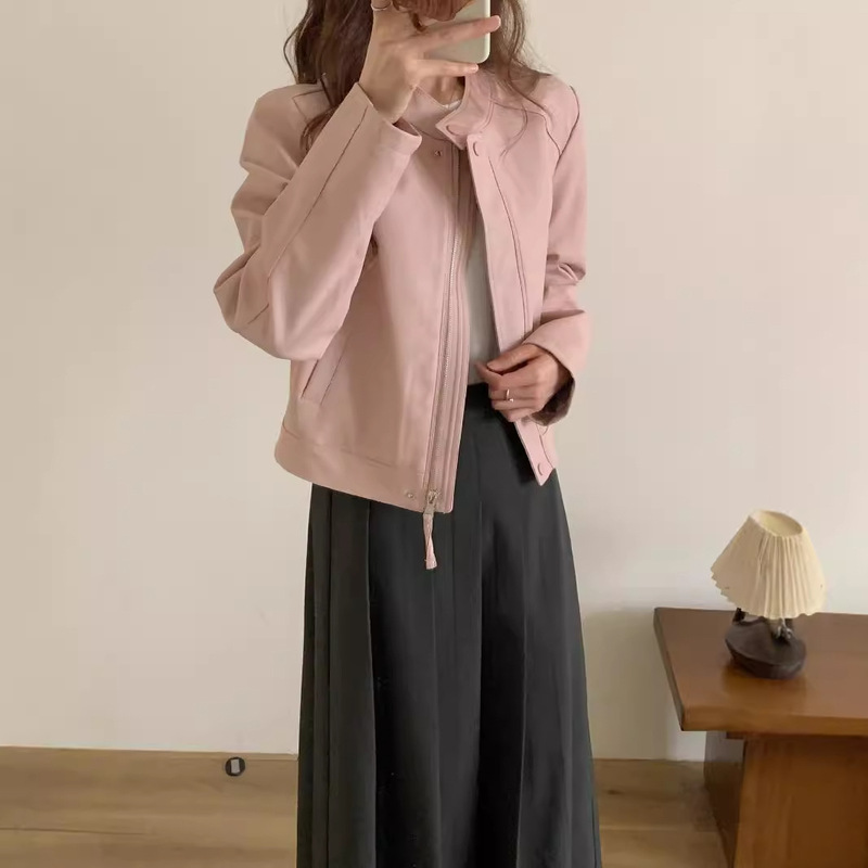 Korean Leather Jacket for Women, High-End Spring & Fall New Fashion Stand-Up Collar Elegant Motorcycle Leather Jacket Popular Top