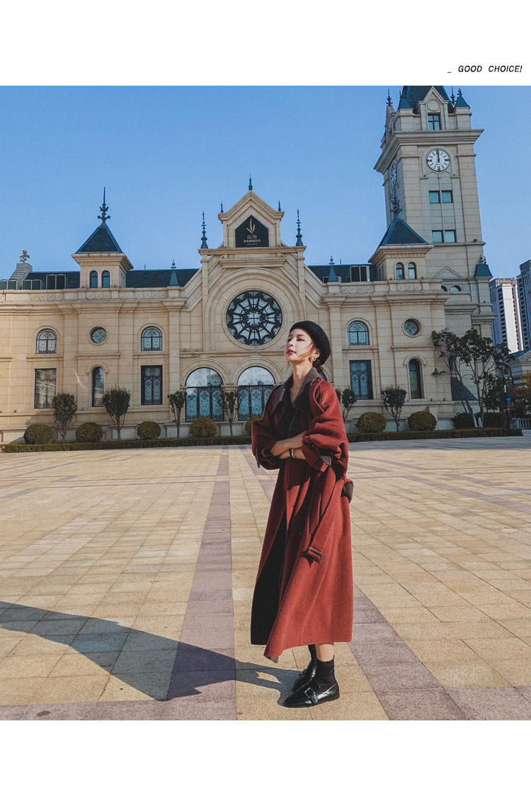 Women's Long Woolen Coat Brick Red Hepburn Style Winter Overcoat_voghion.com