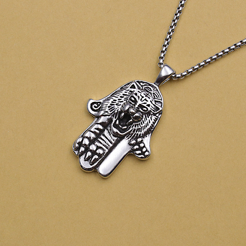 Tiger Head Palm Cross Titanium Pearl Necklace Stainless Steel Minimalist Sweater Chain_voghion.com