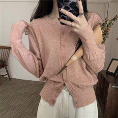 艾蜜朵韩系温柔粉色毛衣女软糯亲肤针织衫小开衫圆领毛衣外套女
