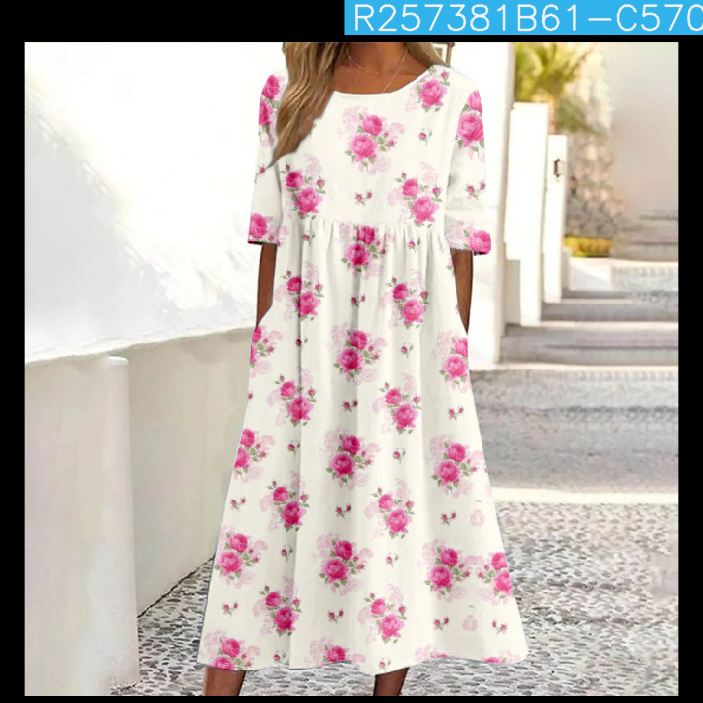 Women's Mid-Waist Summer Casual Round Neck Printed Flared Dress_ecoleips.com