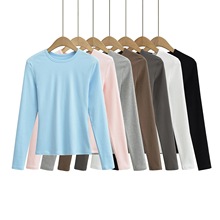 7色小圆领长袖弹力修身舒适透气运动T恤欧美风女装彩色打底衫上衣