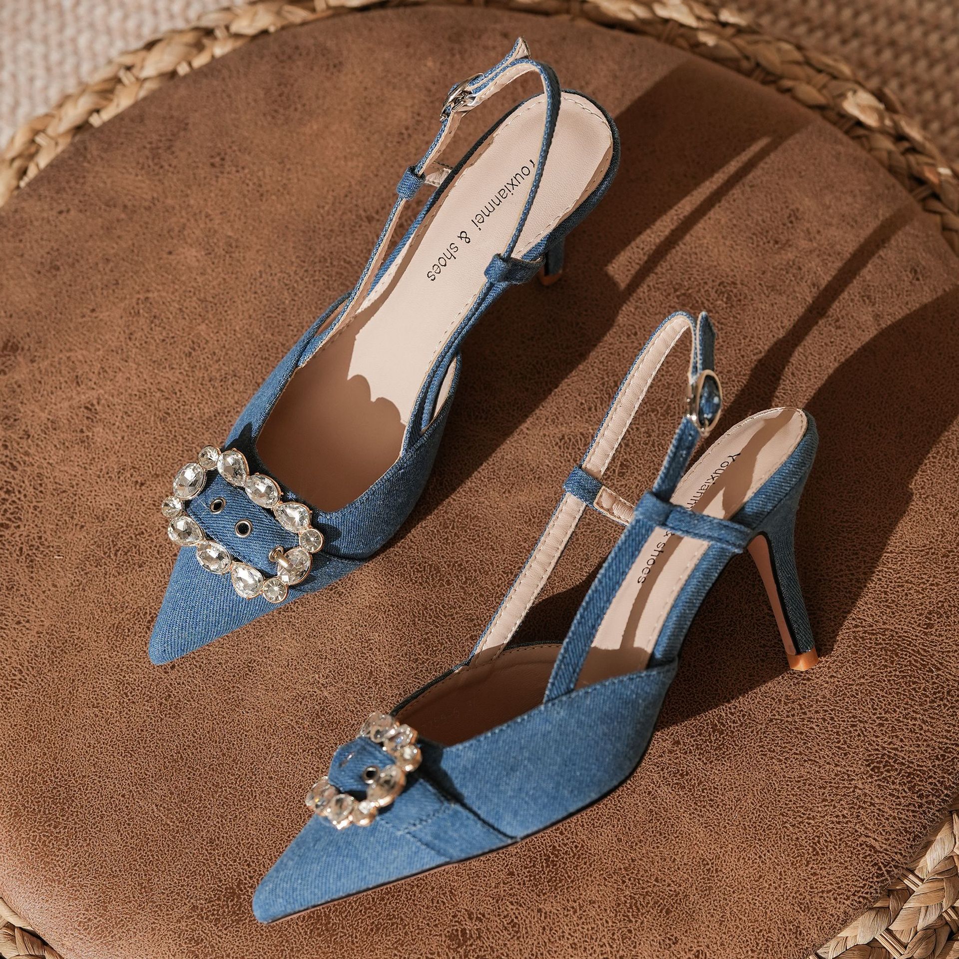 7755-5 Denim Blue Style Belt Buckle Closed Sandals Front Open Back Thin Heel High Heels Commuting_voghion.com
