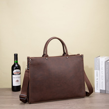 跨境男士新款手提电脑包疯马皮商务通勤时尚横款单肩斜挎公文包