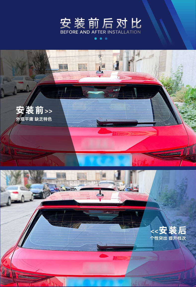 Applicable to Audi A3 8Y 2020+ hatchback models; specialized blade-style roof spoiler, rear spoiler, and wind deflector for cross-border modification