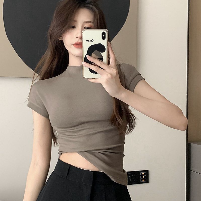 Pure Desire Style Half-high Neck Short-sleeved T-shirt Women's Summer Solid Color Slim-fit Slim-fit Base Shirt with Student's Top 2024