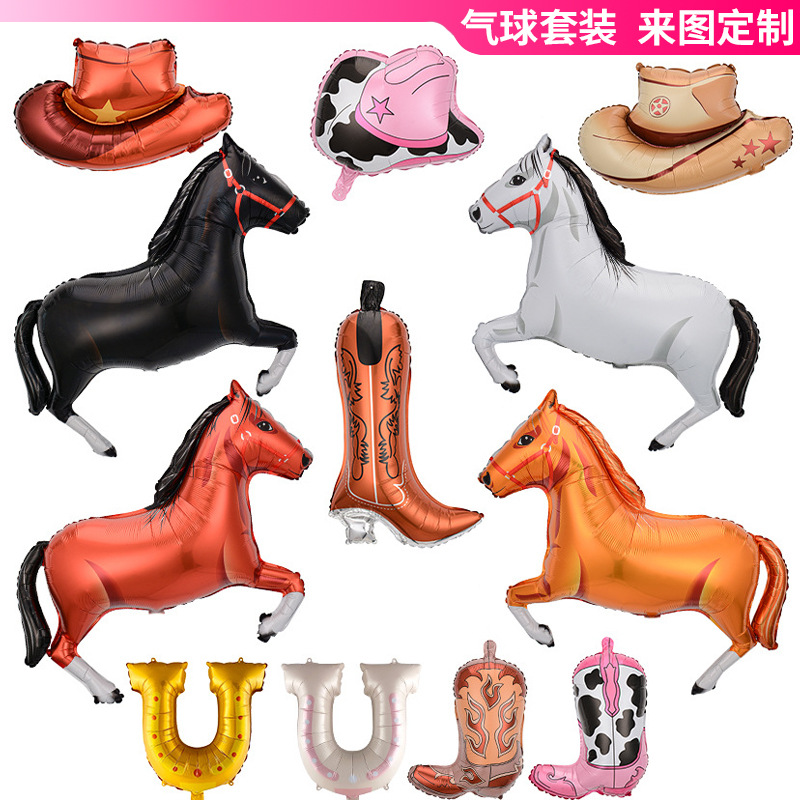 Globos de aluminio con motivos de caballos para decoraciones temáticas de vaqueros y del oeste, carreras de caballos y decoraciones para fiestas.