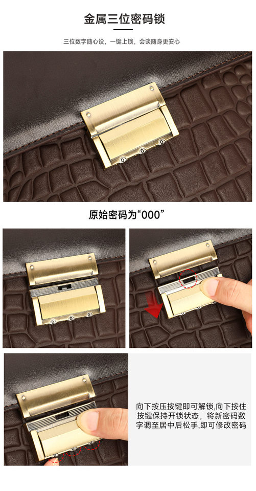 Cặp công sở nam da bò thật khóa mật mã chống trộm, túi đeo chéo xách tay đựng laptop 14 inch — Họa tiết dập nổi màu nâu cà phê, Màu cà phê, màu đen, Đen dập nổi chi tiết 11