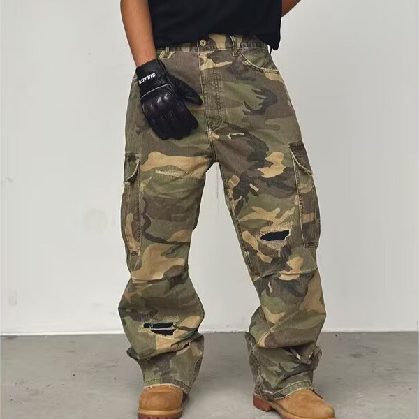 Washed Vintage Camouflage Patch Ripped Cargo Pants Men's Trendy Street Loose Versatile Straight Wide-Leg Casual Pants