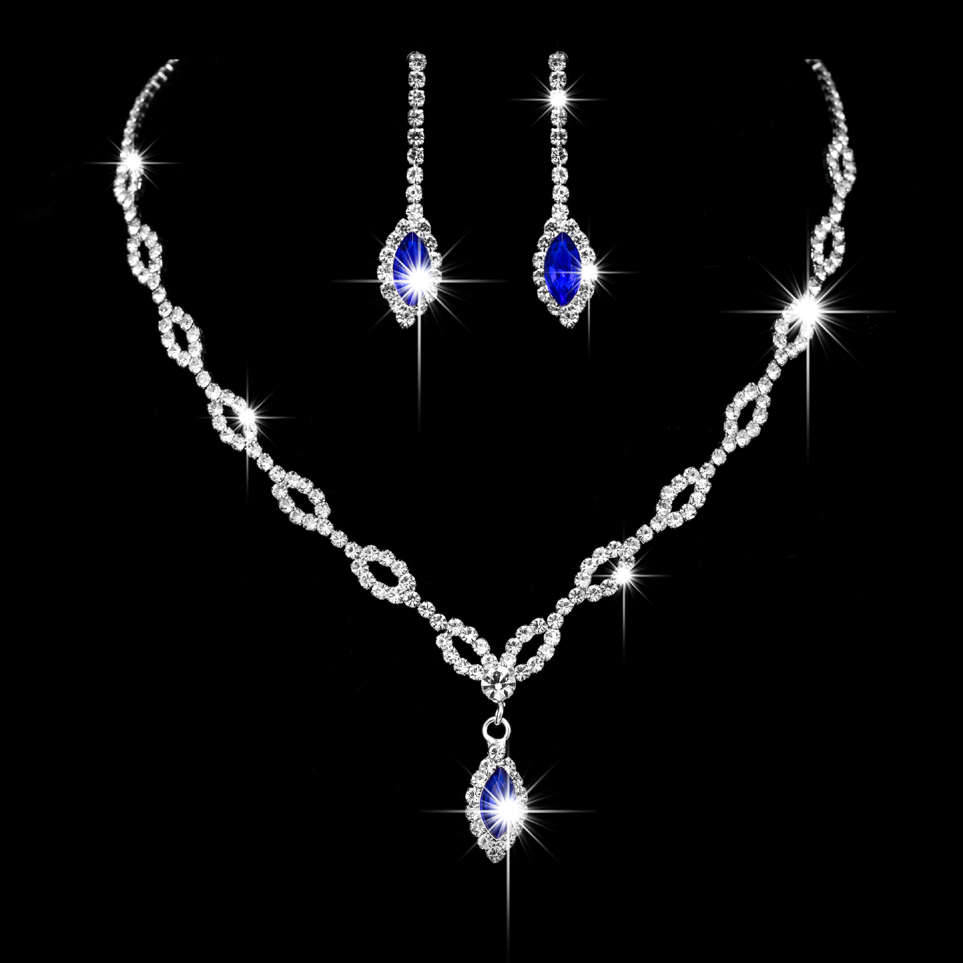 Simple Copper Claw Chain Rhinestone Royal Blue Horse Eye Earrings Necklace Set display picture 1