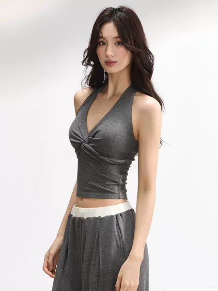 Twisted V-neck halter sports tank top for women, with chest pads, short, waist-revealing yoga camisole, slim fit, suitable for outerwear