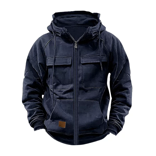 Cross-border Autumn and Winter New Men's Hooded Solid Color Sweatshirt European and American Youth Sports Multi-pocket Leather Sweatshirt Jacket
